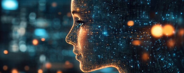Poster - Futuristic female profile with digital light patterns and technology background