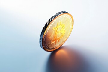 Poster - Close-up shot of a golden Bitcoin coin on a light background, cryptocurrency revolution, finance, business, future of money, investment.