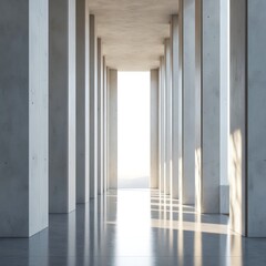Poster - Modern Huge Concrete Material Empty Hall With Many Columns And Big White Glowing Windows