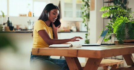Poster - Woman, laptop or phone call in home for remote work, research or connectivity for planning. Freelance editor, tech or online in living room for communication, schedule appointment or article resource