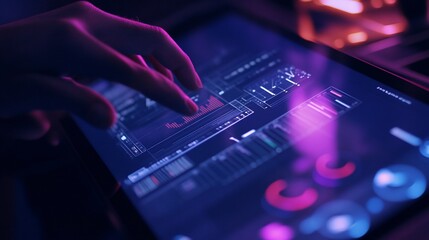 Interactive data analysis on digital tablet with glowing interface elements