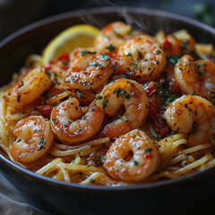 Wall Mural - Spicy Shrimp Spaghetti with Basil