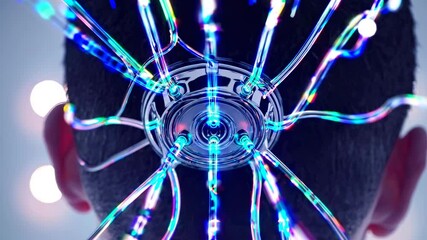 Poster - Fiber-optic neural hub radiates turquoise patterns. Circular brain-interface device streams data through illuminated connections. Macro close-up shot.