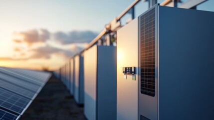 Wall Mural - A solar panels alongside energy storage units, illuminated by the sunset, emphasizing renewable energy technology and sustainability.