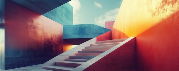 Poster - Abstract architecture with colorful geometric structures and stairs under blue sky