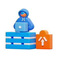 Poster - a colorful figurine of a person in a hoodie working on a laptop, accompanied by an upload symbol, re