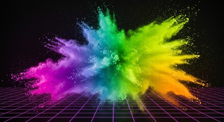 Wall Mural - Colorful Powder Explosion on Holographic Grid Background Perfect for Dynamic Energy Concept and Design Inspiration for Festival Celebrations and Events or a Party Atmosphere. Vibrant and Powerful