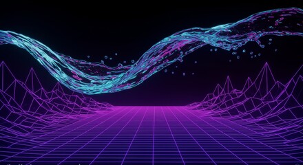 Wall Mural - Abstract Digital Wave Background with Purple and Blue Neon Glow Particles Perfect for Futuristic Technology