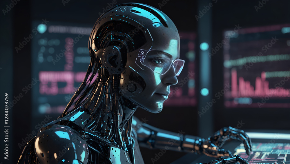 Futuristic AI Robot analyzing data on a holographic screen, helping ...