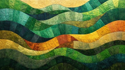 Poster - A textured quilt displays flowing diagonal lines and waves in rich earthy tones. Greens, yellows, and browns capture the essence of a serene landscape, inviting warmth and comfort