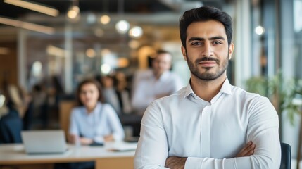 Aufkleber - An Emirati Arab professional confidently stands in a modern office, dressed in a traditional Kandura. Colleagues are engaged in discussions in the background, highlighting a collaborative atmosphere