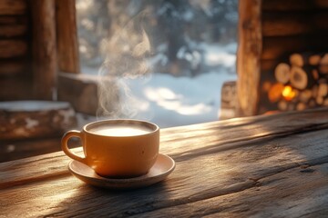 Warm cup of coffee resting on wooden table beside a cozy cabin in winter landscape with snow and sunlight