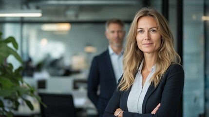 Aufkleber - A poised woman stands confidently in a modern office, arms crossed, showcasing leadership. A male colleague is positioned behind her, reflecting a collaborative ambiance and professionalism