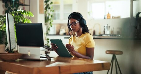 Poster - Tablet, coder and computer with woman at home for freelance developer, gaming programmer and research. Gameplay database, character design and remote software engineer with person and headphones