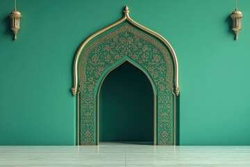 Wall Mural - A golden decorated archway adorns a teal green colored wall