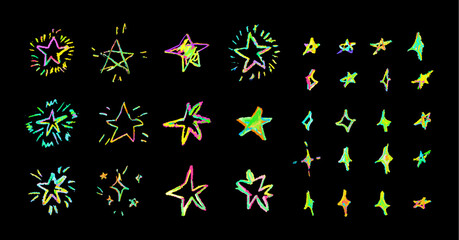 Poster - Set of colorful neon chalk drawing stars. Shine or sparkle doodle collection. Children style rainbow wax pencil handdrawing elements of night sky. Vector crayon scratch grunge texture star shapes