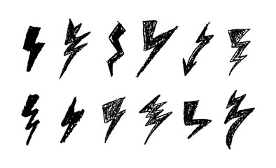 Wall Mural - set of lightning by wax pen drawing. collection of handdrawing chalk , light flash signs, doodle thu