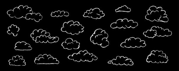 Poster - Set of abstract pencil clouds. Hand drawn cartoon cloudy sky. Vector illustration of collection of white eddy on black background. Imitation of a child's drawing with pencils on blackboard