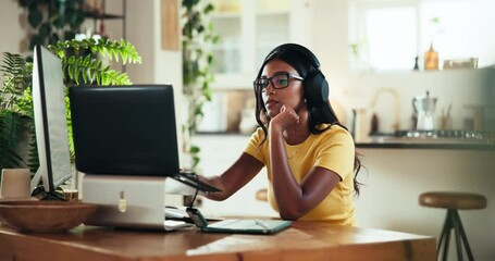 Poster - Reading coder and computer with woman at home for freelance developer, gaming programmer and research. Gameplay database, character design and remote software engineer with person and headphones