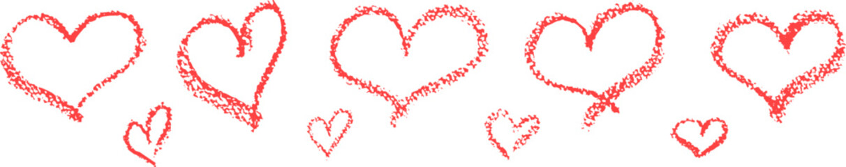 Poster - Set of red outline hearts signs drawn by wax pencil. Love symbols in doodle style. Collection of hand drawn kid elements for valentine card or rock, hip hop music poster design. Vector illustration