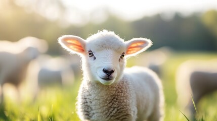 Poster - Adorable Young Lamb Grazing in a Sunlit Meadow Surrounded by Other Sheep in the Background : Generative AI