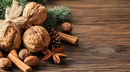 Poster - Natural still life composition of nuts and spices arranged beautifully on a wooden table : Generative AI