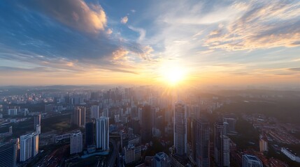 Poster - Breathtaking aerial view of an urban skyline during sunset with vibrant colors illuminating the horizon : Generative AI