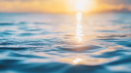 Poster - Gentle ripples on tranquil water surface reflecting warm golden sunset creating a peaceful atmosphere : Generative AI