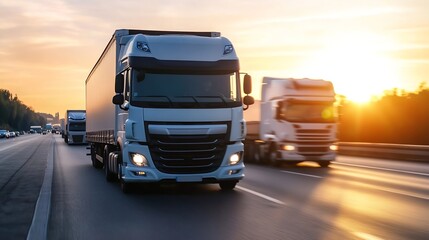 Aufkleber - Heavy trucks driving on a highway at sunset showcasing transportation and logistics in motion : Generative AI