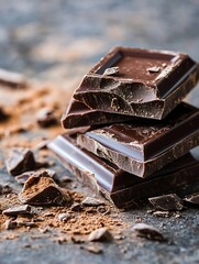 Aufkleber - Rich dark chocolate pieces with crumbs scattered on a textured surface : Generative AI