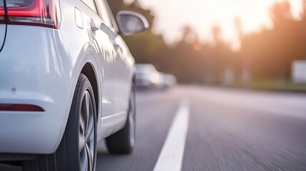 Aufkleber - Sleek modern car driving along busy road at sunset with blurred background capturing dynamic motion : Generative AI