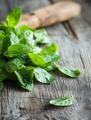 Poster - Fresh vibrant green basil leaves arranged on rustic wooden surface suitable for culinary uses : Generative AI