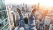 © Generative AI - Adventurous perspective of feet over a city skyline at sunset capturing the thrill of heights : Generative AI