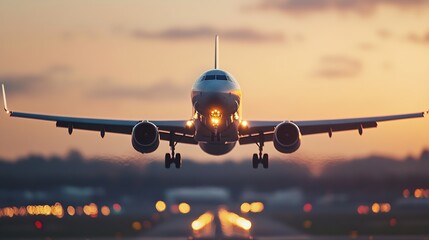 Poster - Airplane landing on runway at sunset highlighting aviation technology and travel excitement in an urban airport : Generative AI