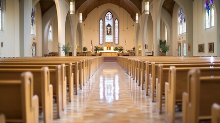 Poster - Interior view of a beautiful church showing elegant wooden benches and vibrant stained glass windows : Generative AI