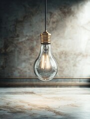 Wall Mural - A vintage light bulb hangs elegantly against a textured wall, casting soft shadows in an atmospheric setting.