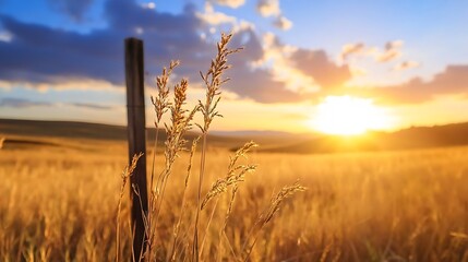 Poster - Golden sunrise illuminating tall grass in a serene countryside landscape at dusk : Generative AI