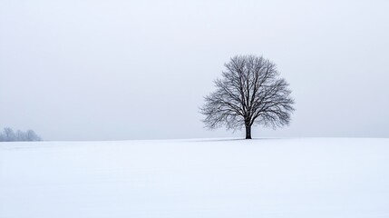 Poster - Solitary bare tree standing tall amidst an expansive white snowy landscape in winter : Generative AI