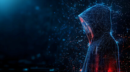 Digital Silhouette of a Hooded Figure Representing Cybersecurity Threat on Blue Background