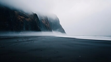 Poster - Mysterious Foggy Coastal Landscape with Dark Cliffs and Soft Ocean Waves : Generative AI