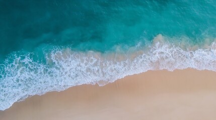 Aufkleber - Aerial view of pristine turquoise waves gently lapping against a serene sandy beach during bright daylight : Generative AI