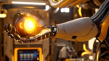 Poster - A futuristic robotic hand holding a glowing energy orb in a high-tech laboratory with intricate machinery in a dimly lit environment