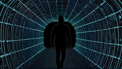 Poster - Silhouette of a hooded figure walking through a digital tunnel.