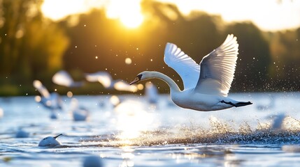 Poster - Majestic white swan taking flight at sunset with shimmering water droplets in a serene lake : Generative AI