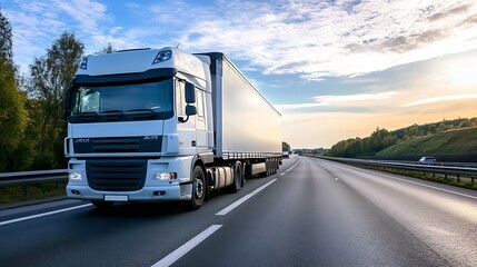 Poster - A large white truck driving along a highway surrounded by greenery and a clear blue sky : Generative AI