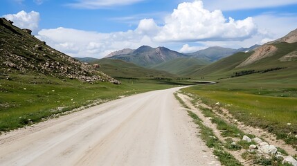 Poster - Winding Dirt Road Through a Lush Mountain Landscape Under a Blue Sky : Generative AI