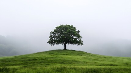 Aufkleber - Lone tree on green hill surrounded by fog and mist creating a mystical atmosphere : Generative AI