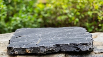 Aufkleber - Closeup view of a flat stone on a wooden surface surrounded by lush greenery : Generative AI