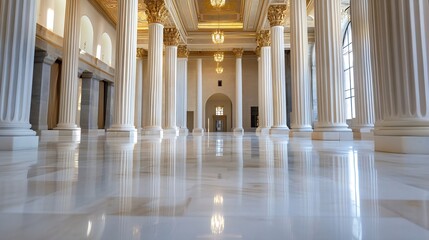 Aufkleber - Elegant interior view of a grand hall featuring tall columns and ornate chandeliers : Generative AI