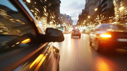 Poster - Dynamic city traffic scene captured while driving through illuminated winter streets at dusk : Generative AI